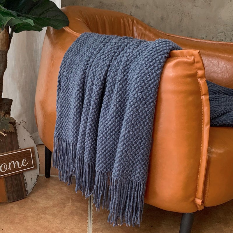 LOMAO Knitted Throw Blanket with Tassels Bubble Textured Lightweight Soft Throws for Couch Cover Home Decor (Navy, 50x60) - Image 3